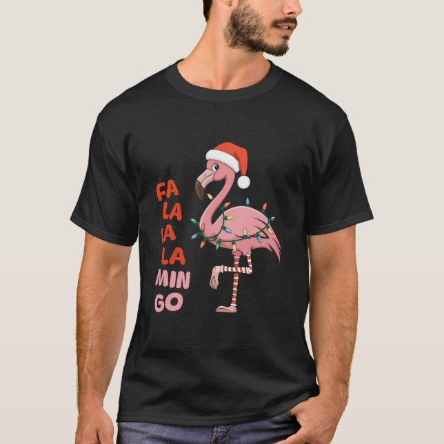 Camiseta Fa La Mingo Flamingo Árvore De Natal Lights Xmas (Frente)