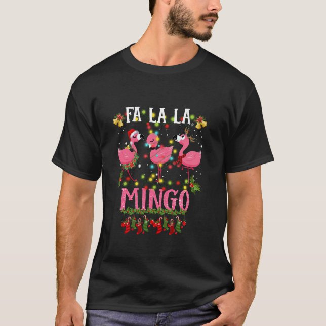 Camiseta Fa La Mingo Flamingo Christmas Tree Lights Trop (Frente)