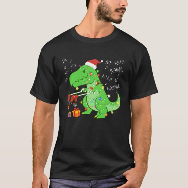 Camiseta Fa Ra Ra Rawr Dinossauro De Natal Com Xmas Hat Li (Frente)