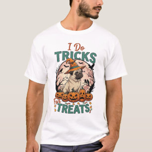 Camiseta Faça Truques Guloseimas Halloween Pug Bruxa Chapéu