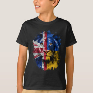 Camiseta Face de Leão Vintage Uk e Bandeira da Ucrânia Raíz