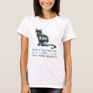 Camiseta Fácil distração de gatos e livros