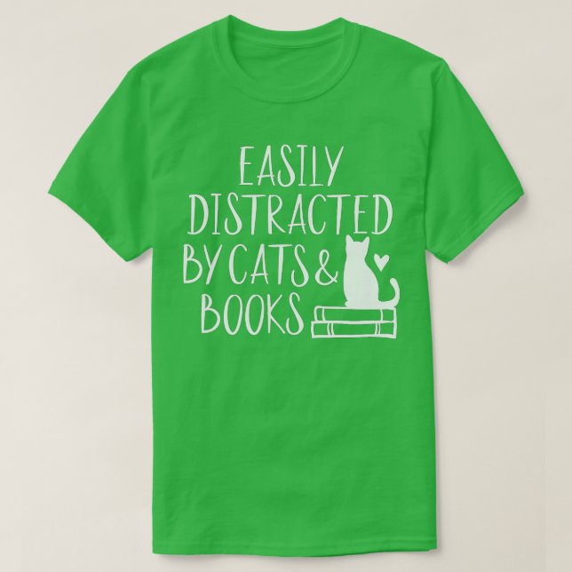 Camiseta Fácil distração de gatos e livros (Frente do Design)