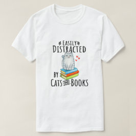 Camiseta Fácil distração de gatos e livros