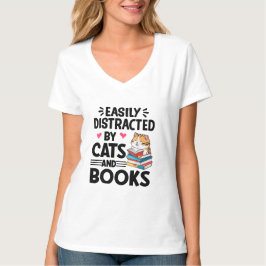 Camiseta Fácil distração de gatos e livros