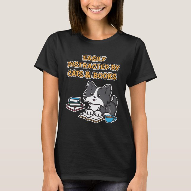 Camiseta Fácil Distração Por Gatinhos E Livros Gatinhos De  (Frente)