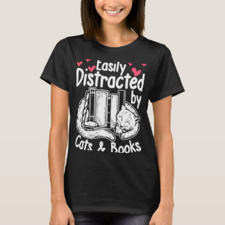 Camiseta Fácil Distração Por Gatos E Livros