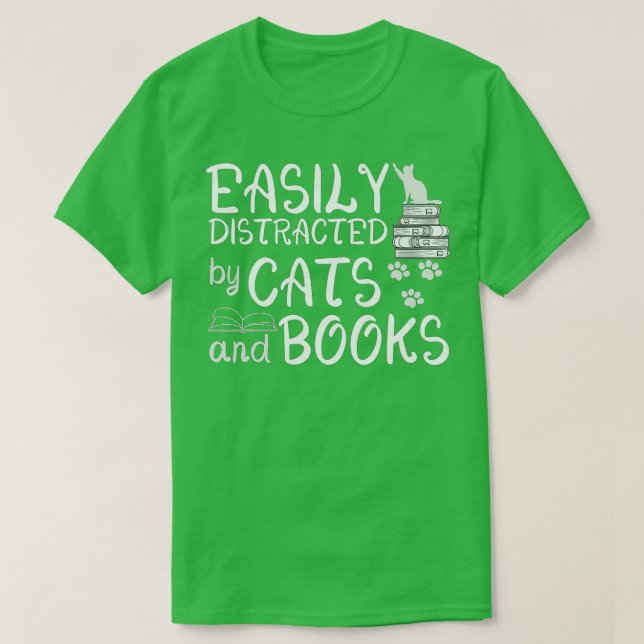 Camiseta Fácil Distração Por Gatos E Livros Engraçados Lo (Frente do Design)