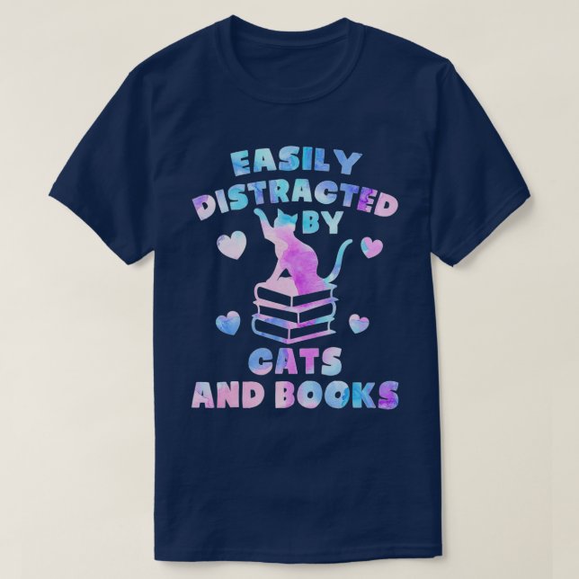 Camiseta Fácil Distração Por Gatos E Livros Gatos E Livros (Frente do Design)