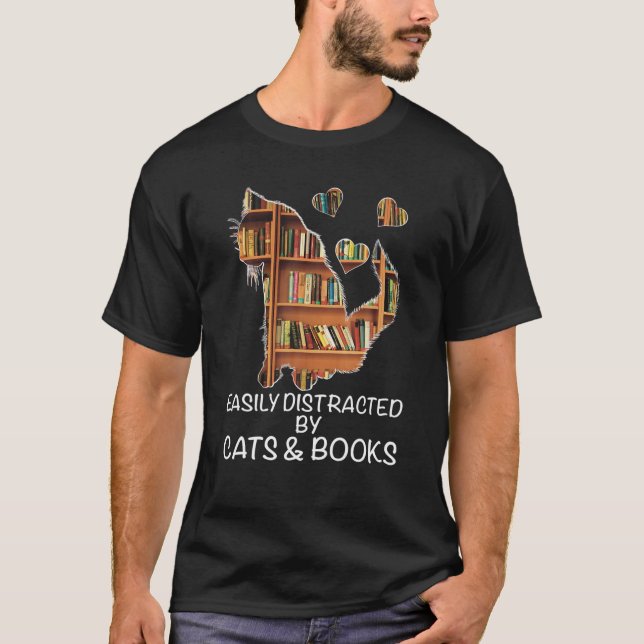 Camiseta Fácil Distração Por Gatos E Livros Gatos Nerd Engr (Frente)