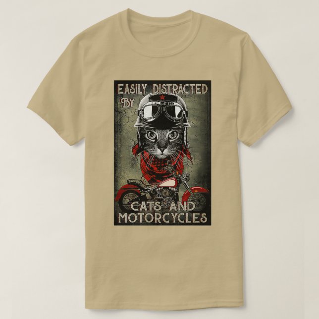 Camiseta Fácil Distração Por Gatos E Motocicletas (Frente do Design)
