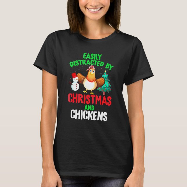 Camiseta Fácilmente Distraído Pelo Natal E Galinhas Fazende (Frente)