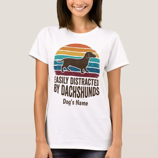 Camiseta Facilmente Distraído Por Dachshunds Retro Pôr do S (Frente)