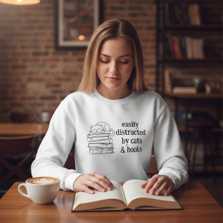 Camiseta Facilmente Distraído por Gatos e Livros Arte Coque
