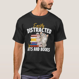 Camiseta Facilmente Distraído Por Gatos E Livros - Bibliófi