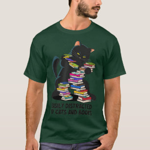 Camiseta Facilmente distraído por Gatos e Livros Dançando C