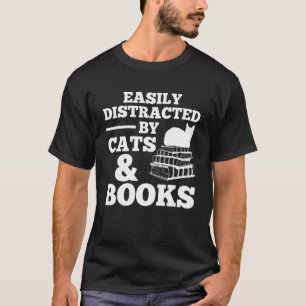 Camiseta Facilmente Distraído Por Gatos E Livros Gato E Li
