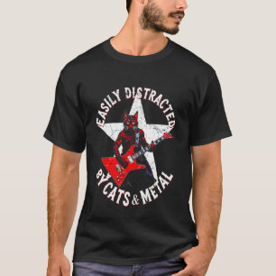 Camiseta Facilmente Distraído por Gatos e Música Heavy Meta