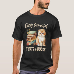 Camiseta Facilmente Distraído por Livros de Gatos Vintage G