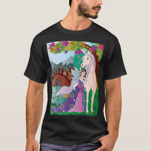 Camiseta Fada abraçando unicórnio em frente à ponte arquead