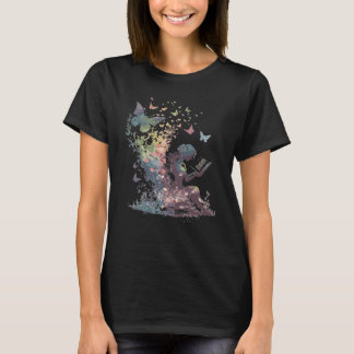Camiseta Fada Borboleta Aquarela Lê Livro Biblioteca