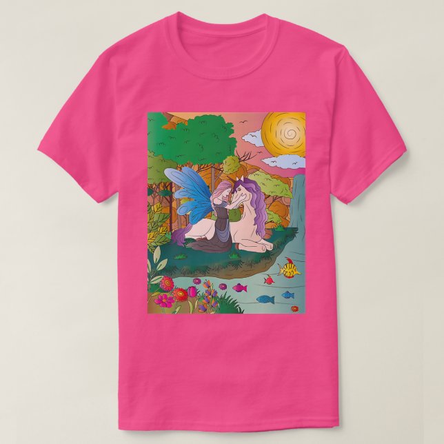 Camiseta Fada de asas azuis com unicórnio de cabelos roxos  (Frente do Design)
