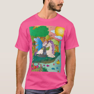 Camiseta Fada de asas azuis com unicórnio de cabelos roxos