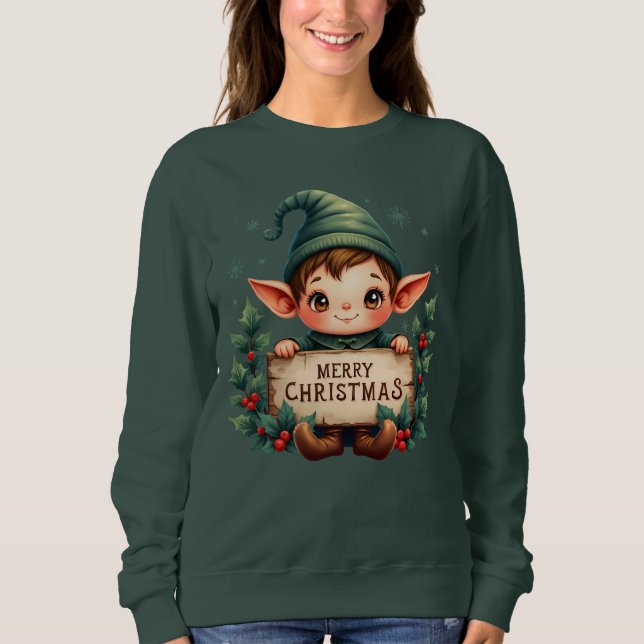 Camiseta Fada de Natal Fofo Segurando Placa Alegre (Frente)