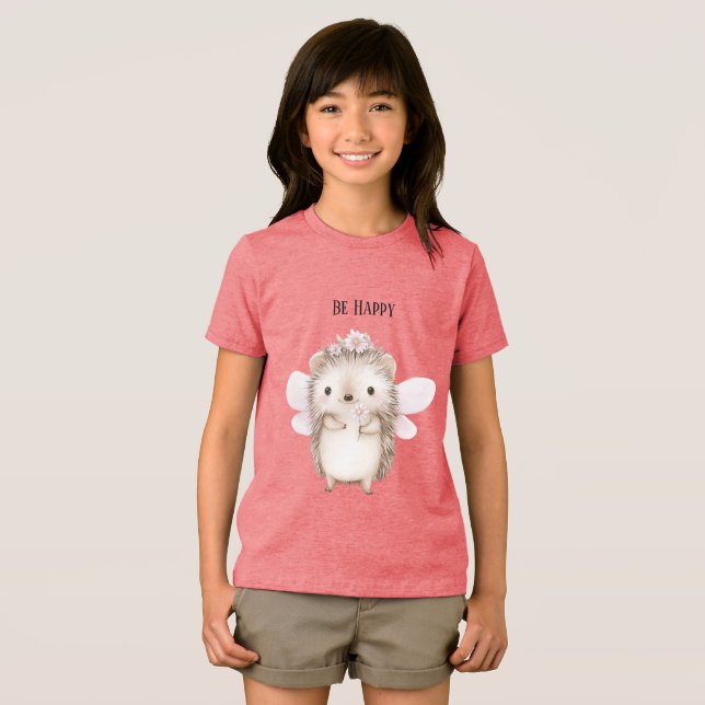 Camiseta Fada de Ourico-Cacheiro Fofa Seja Feliz Floral (Frente Completa)