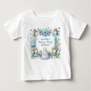 Camiseta Fada Floral Azul Pastel Primeiro Aniversário -