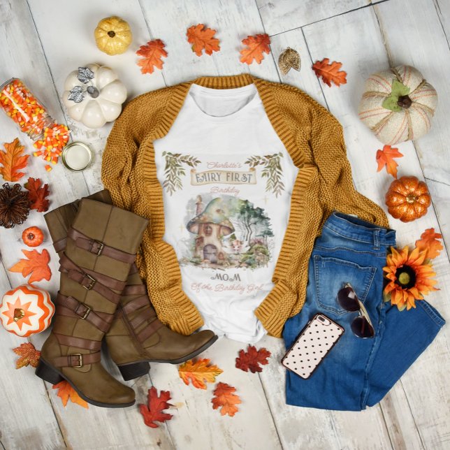 Camiseta Fada Primeira Madeira Animais Cogumelo Aniversário (Fairy First Woodland Animals Mushrooms Girl's 1st Birthday "Mom of the Birthday Girl" T-Shirt)