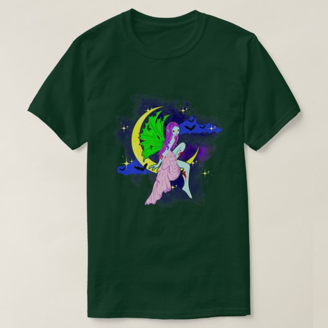 Camiseta Fada Zombie Halloween Sentada Em Uma Lua Flutuando (Frente do Design)