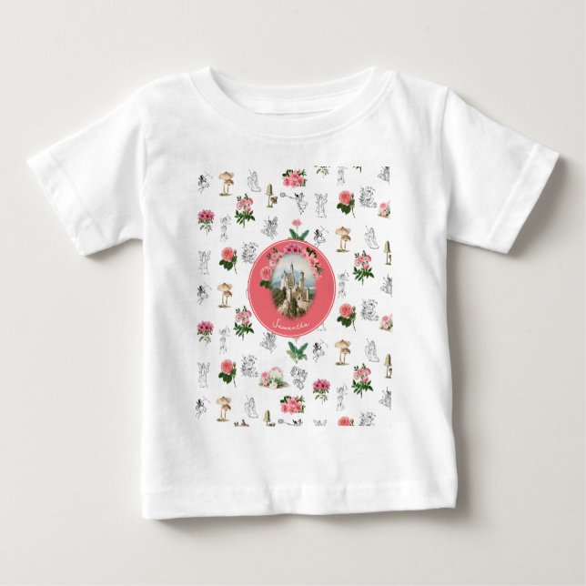 Camiseta Fadas Flor de Rosa Pêssego Cogumelo Castelo de Fad (Frente)