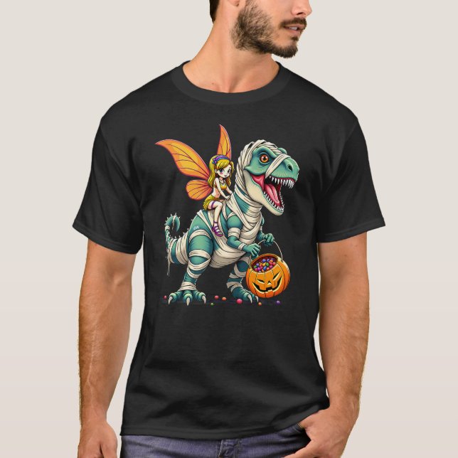 Camiseta Fairy Riding Mummy T-Rex Dinosaur Halloween (Frente)