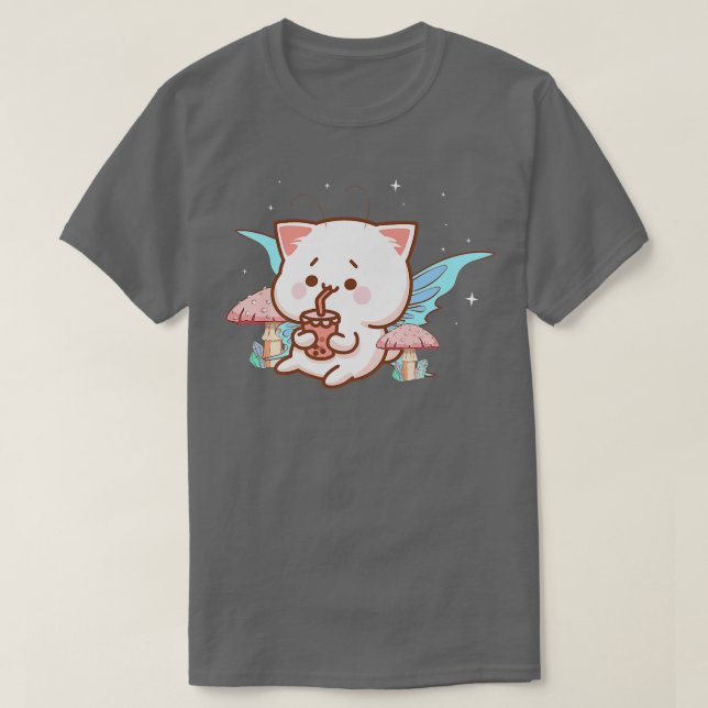 Camiseta Fairycore Aestética Fairy Kawaii Cat Bebendo Bubb (Frente do Design)