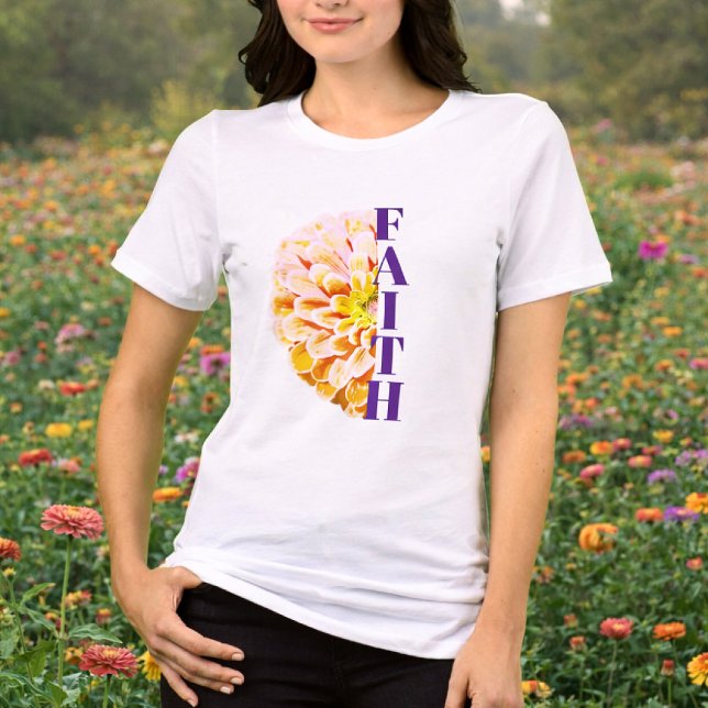 Camiseta Faith Christian Orange Zinnia Floral Shirt  (Christian Woman Faith Floral Shirt)