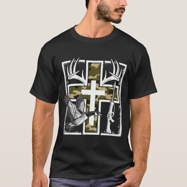Camiseta Faith Fishing Hunting Camo Cross Duck Deer Christi (Frente)