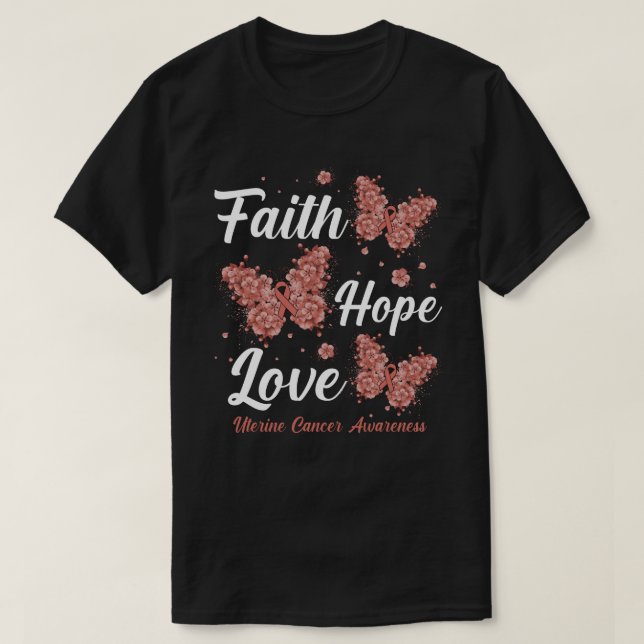 Camiseta Faith Hope ama Borboleta da Consciência do Cancer  (Frente do Design)