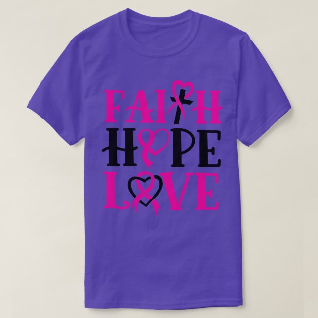 Camiseta Faith Hope ama Consciência Cruza Fita Rosa Mulhere (Frente do Design)