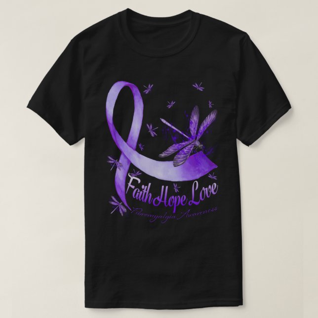 Camiseta Faith Hope ama Fibromialgia Sensação Dragonfly (Frente do Design)
