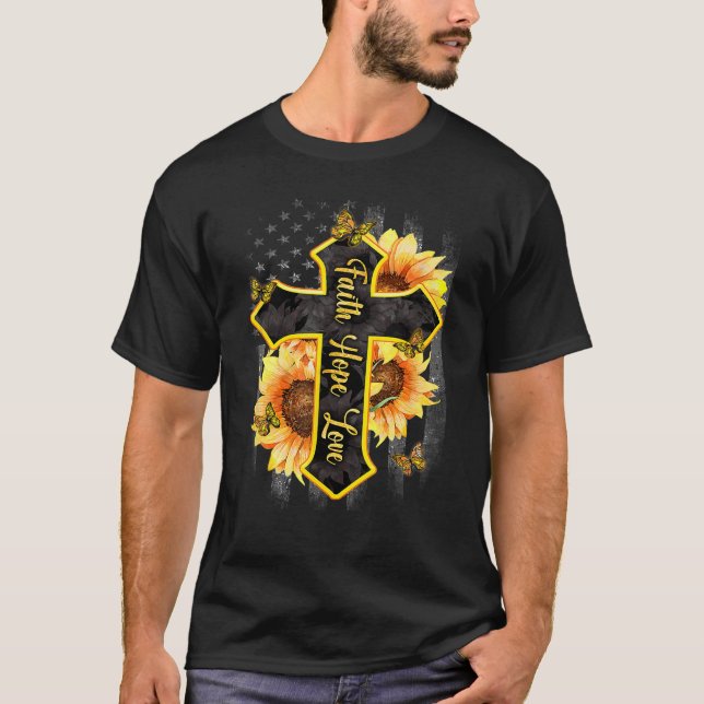 Camiseta Faith Hope Love American Flag Sunflower Christian (Frente)