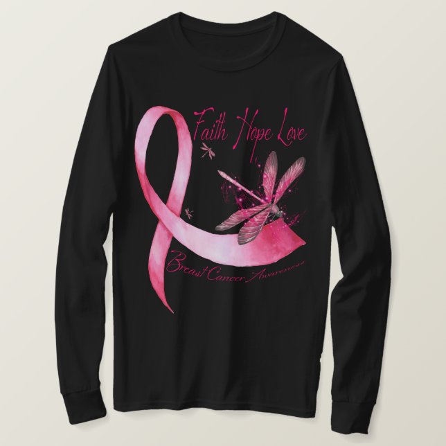 Camiseta Faith Hope Love Dragonfly Pink Ribbon Breve Cance (Frente do Design)