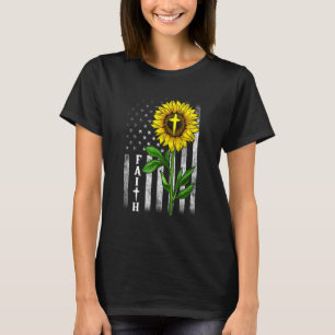 Camiseta Faith Sunflower Usa American Flag Cross Christian