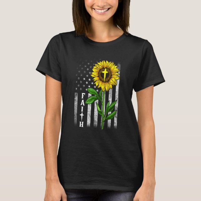 Camiseta Faith Sunflower Usa American Flag Cross Christian (Frente)