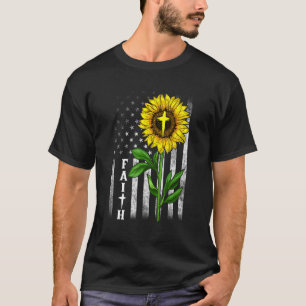 Camiseta Faith Sunflower Usa American Flag Cross Christian