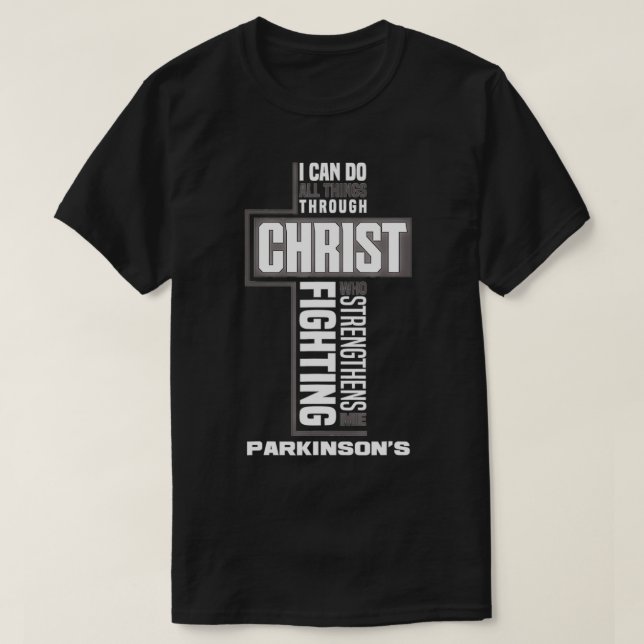 Camiseta Faith teme Jesus Cristo doença de Parkinson Parkin (Frente do Design)