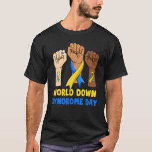 Camiseta Faixas Azuis Amarelas Mãos Juntas Síndrome Mundo