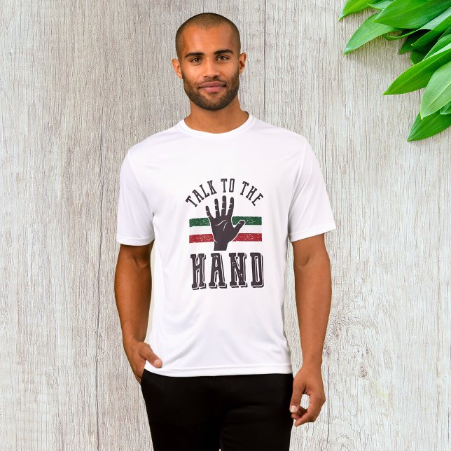 Camiseta Fale com o humor de mão aflita (Criador carregado)