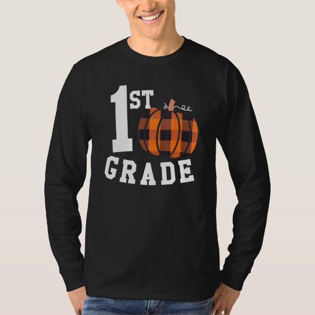 Camiseta Fall 1st Grade Teacher Buffalo Plaid Pumpkin Women (Frente)