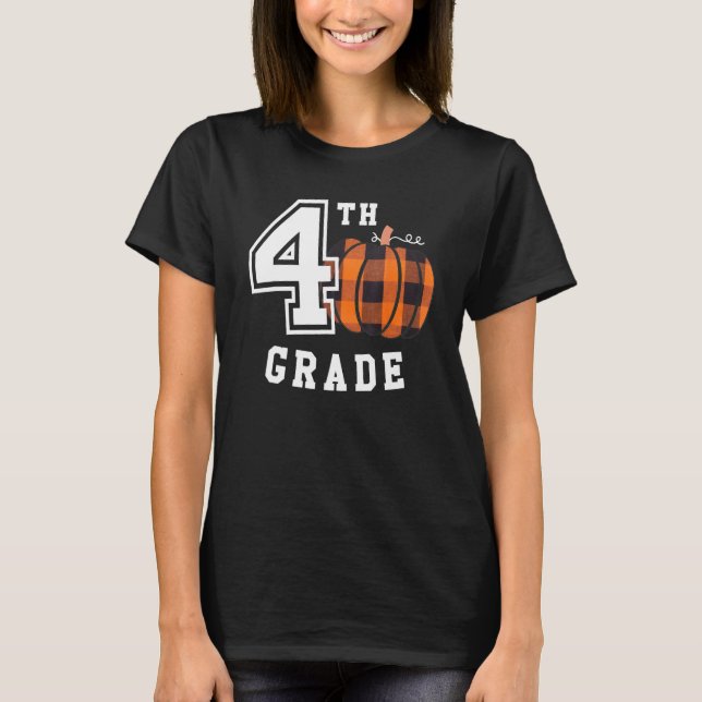 Camiseta Fall 4th Grade Teacher Buffalo Plaid Pumpkin Women (Frente)
